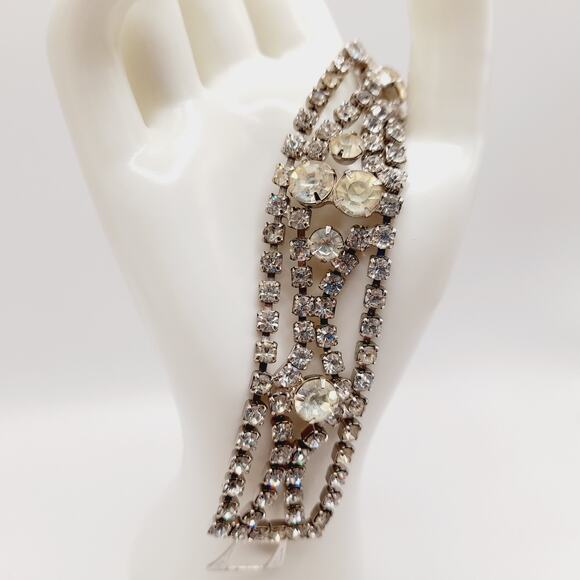 Vintage 1950s Clear Rhinestone Four Row Bracelet - 7 1/4 Inches, Wedding Jewelry - Picture 3 of 11